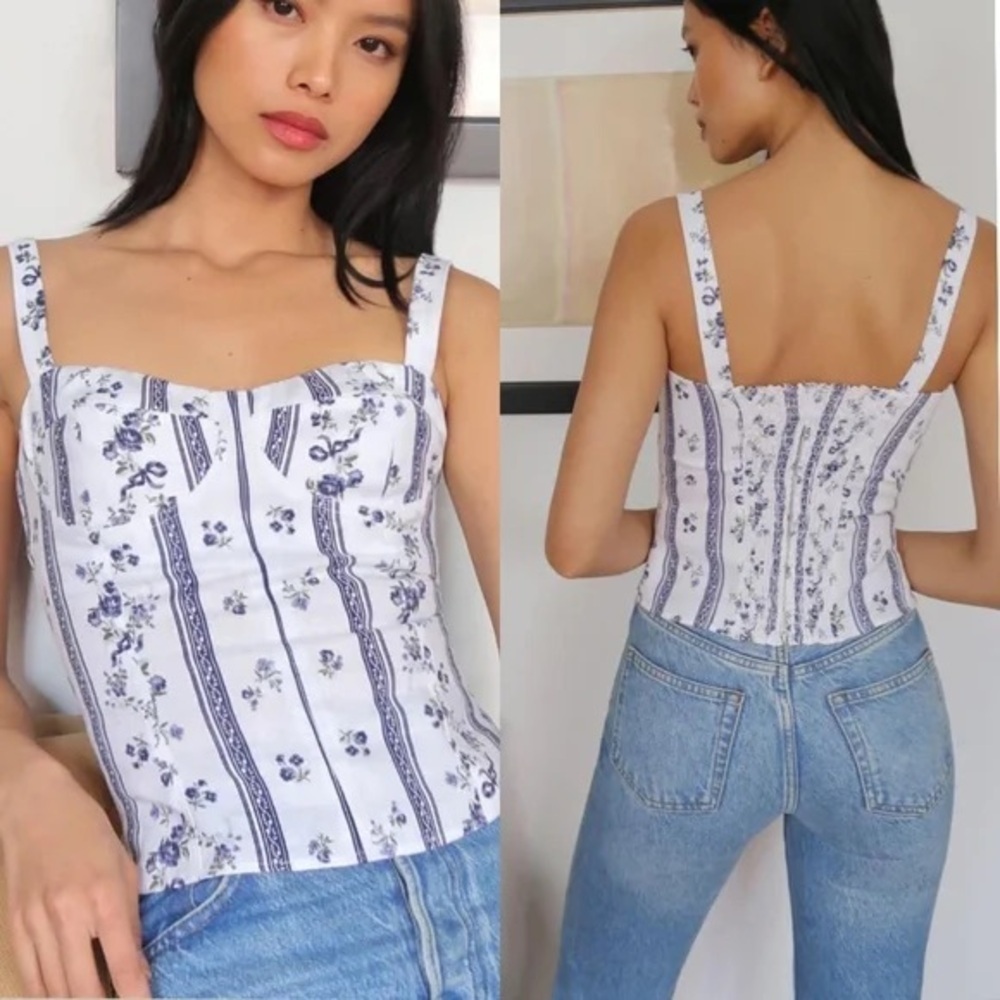 NEW Reformation Linen Libra Top in Roquefort Blue White Floral | size 4